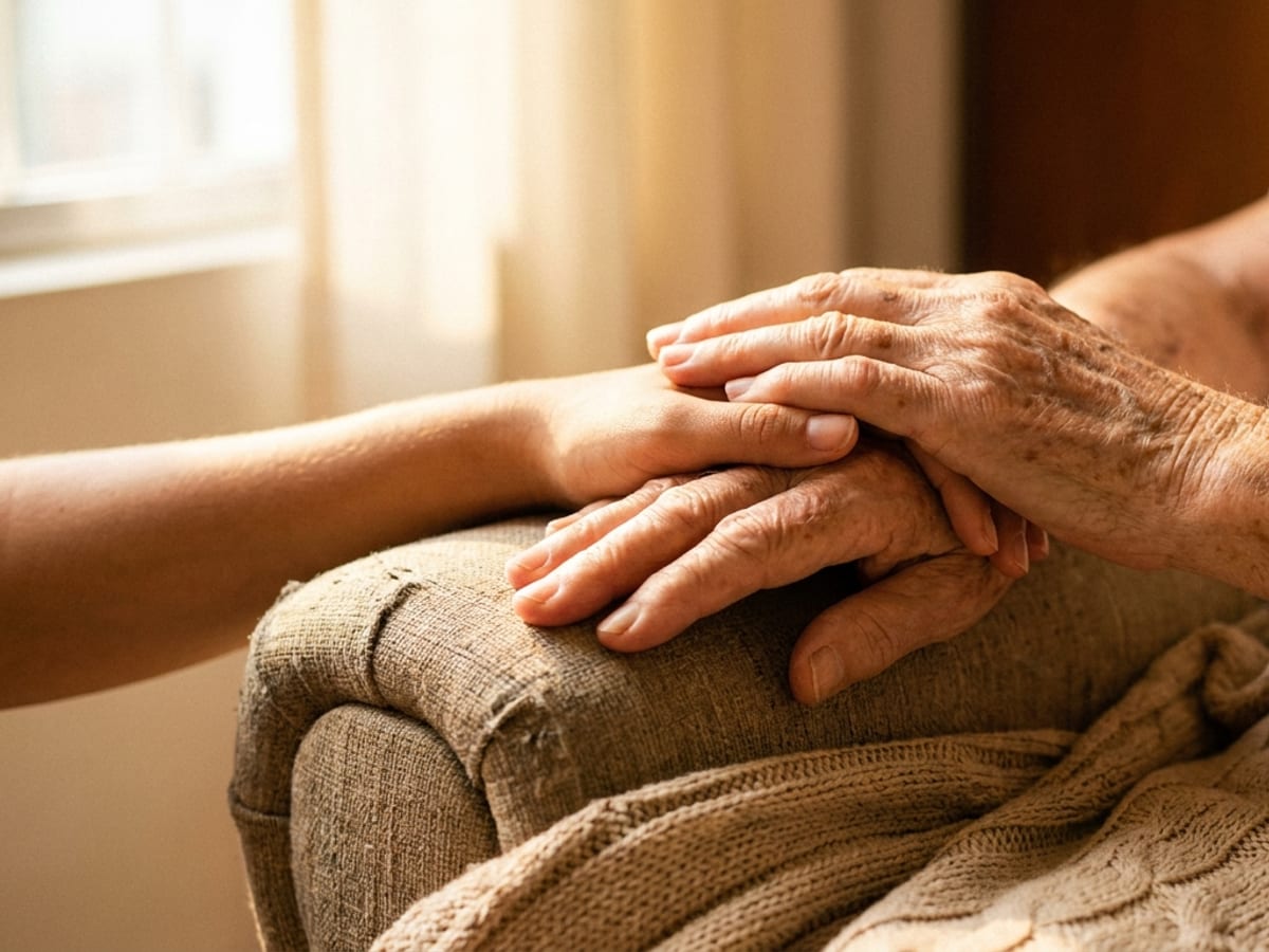 Mãos de cuidadora segurando as mãos de uma pessoa idosa