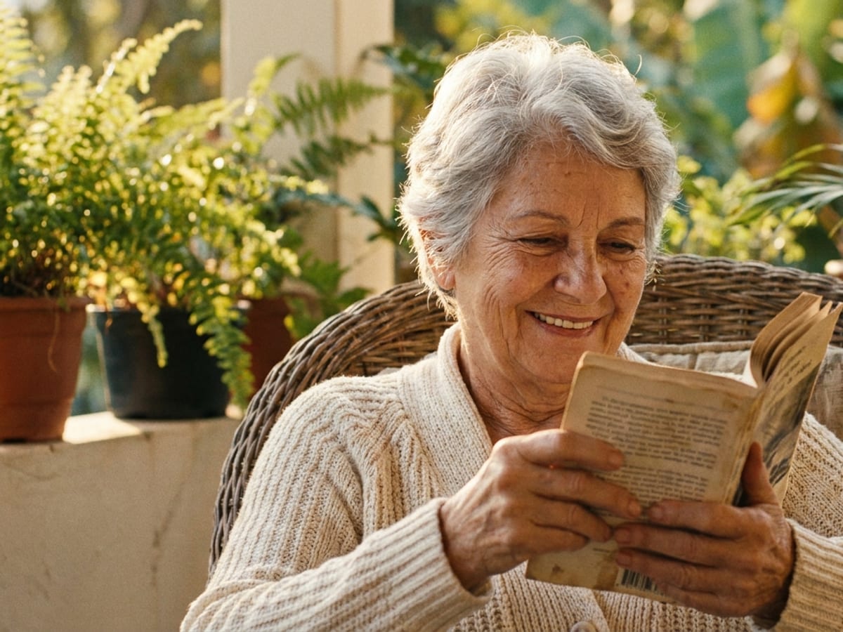 Senhora idosa lendo tranquilamente na varanda de casa